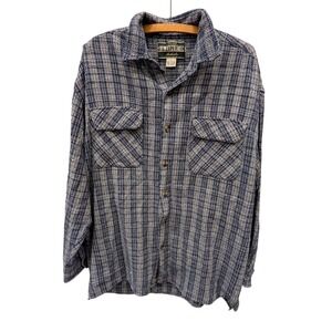 Vintage‎ Men's Blue Plaid Button Down Shirt Cotton Textured Flannel- L